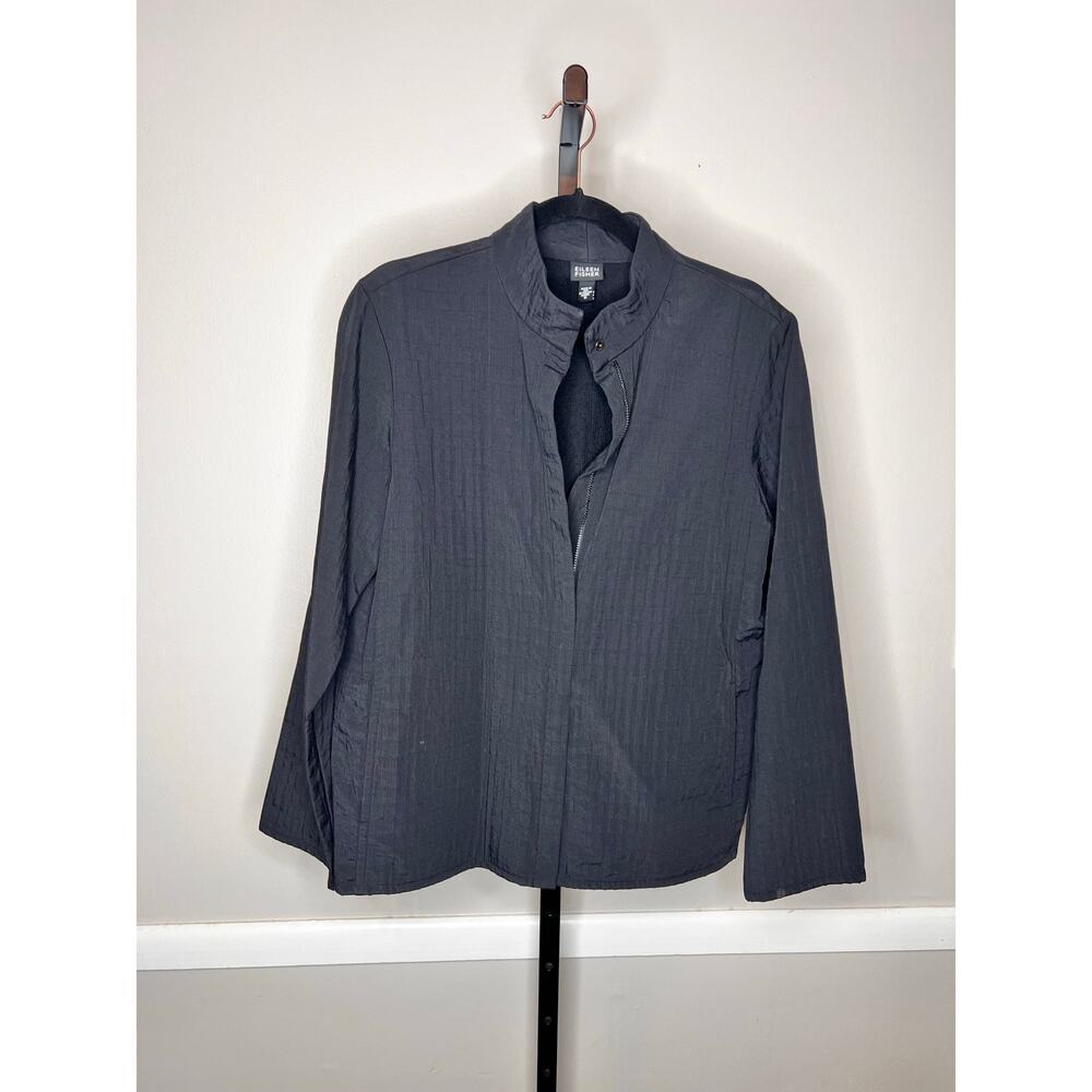 Eileen Fisher Zip Front Jacket Black Stand Collar Made USA Italian Fabric M